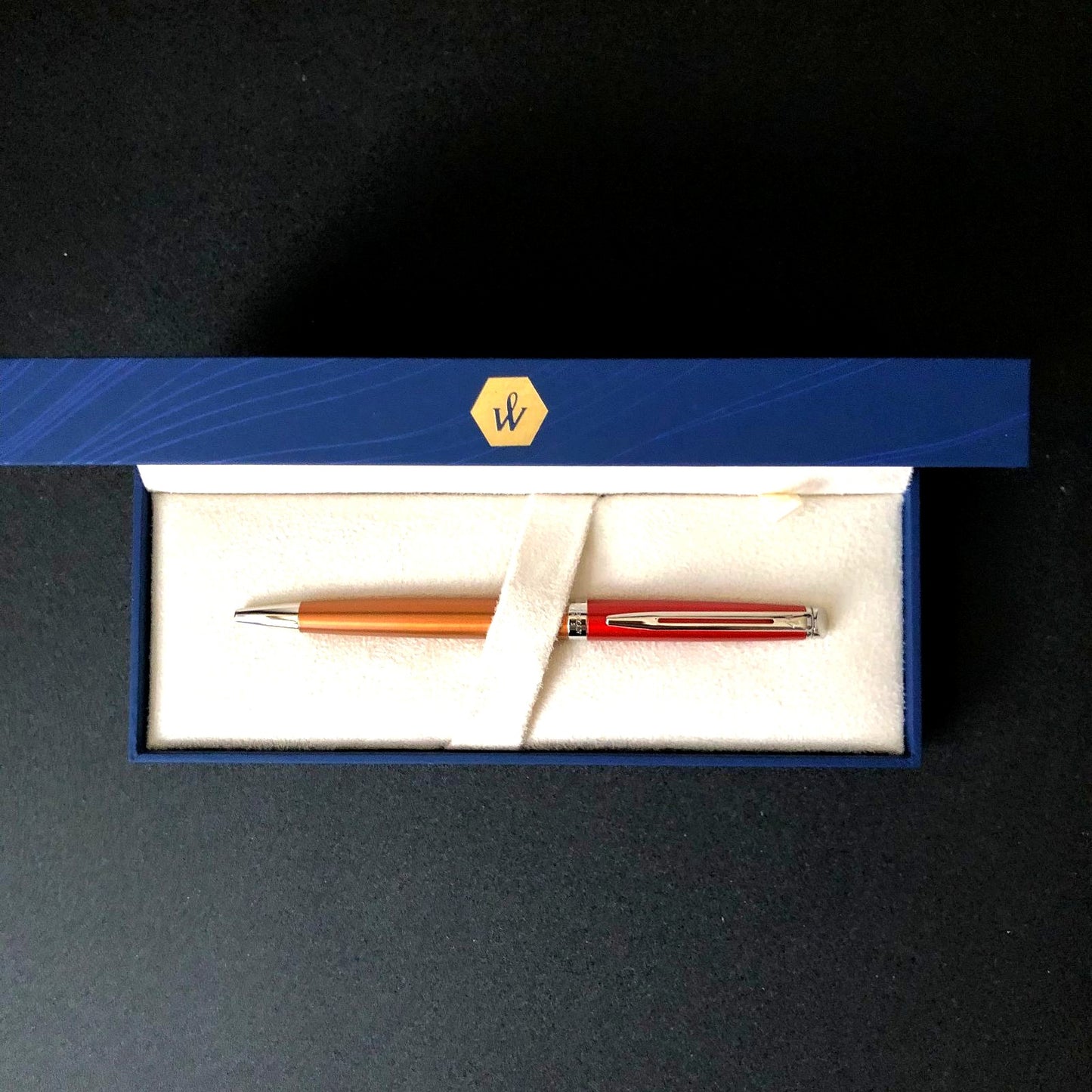 WATERMAN Metropolitan Essential Sunset Orange ballpoint pen with stainless steel lacquer finish and palladium plated trims
