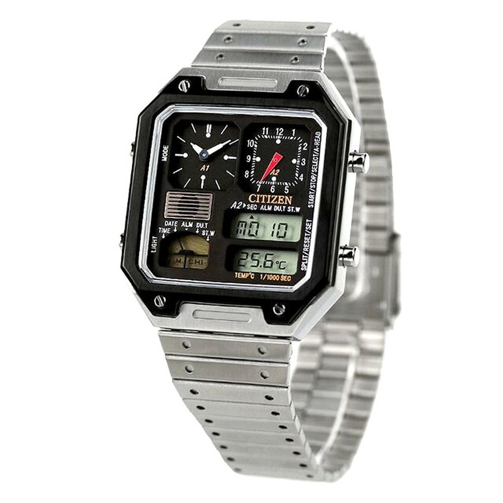 Citizen JG2126-69E men's wristwatch with black LCD dial, stainless steel jet black case, and silver sliding band