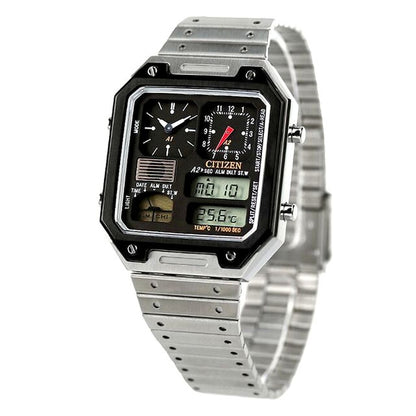 Citizen JG2126-69E men's wristwatch with black LCD dial, stainless steel jet black case, and silver sliding band