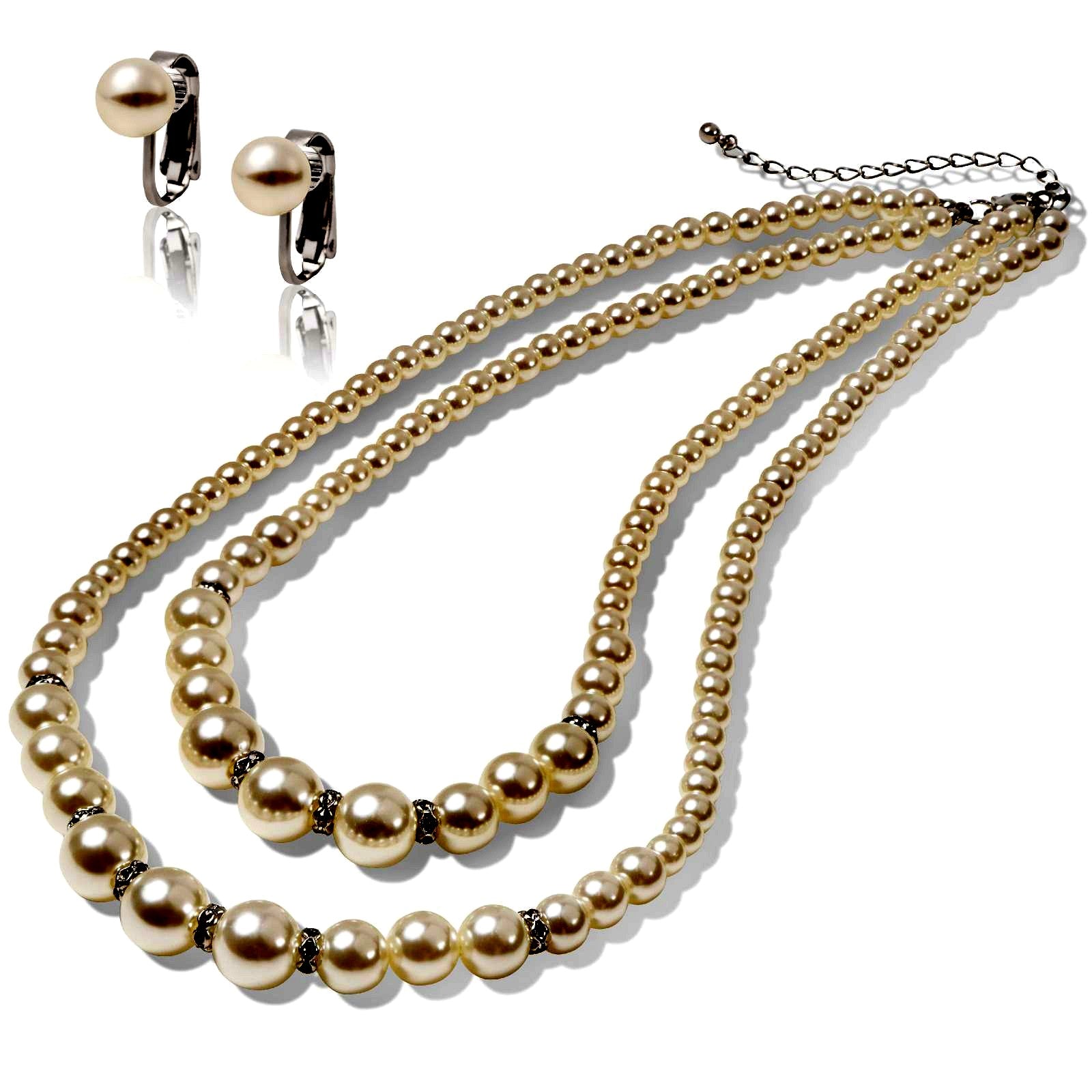 LunArts 2-row pearl necklace paired with matching pearl stud earrings on a white background