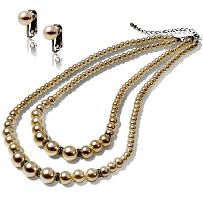 LunArts 2-row pearl necklace paired with matching pearl stud earrings on a white background