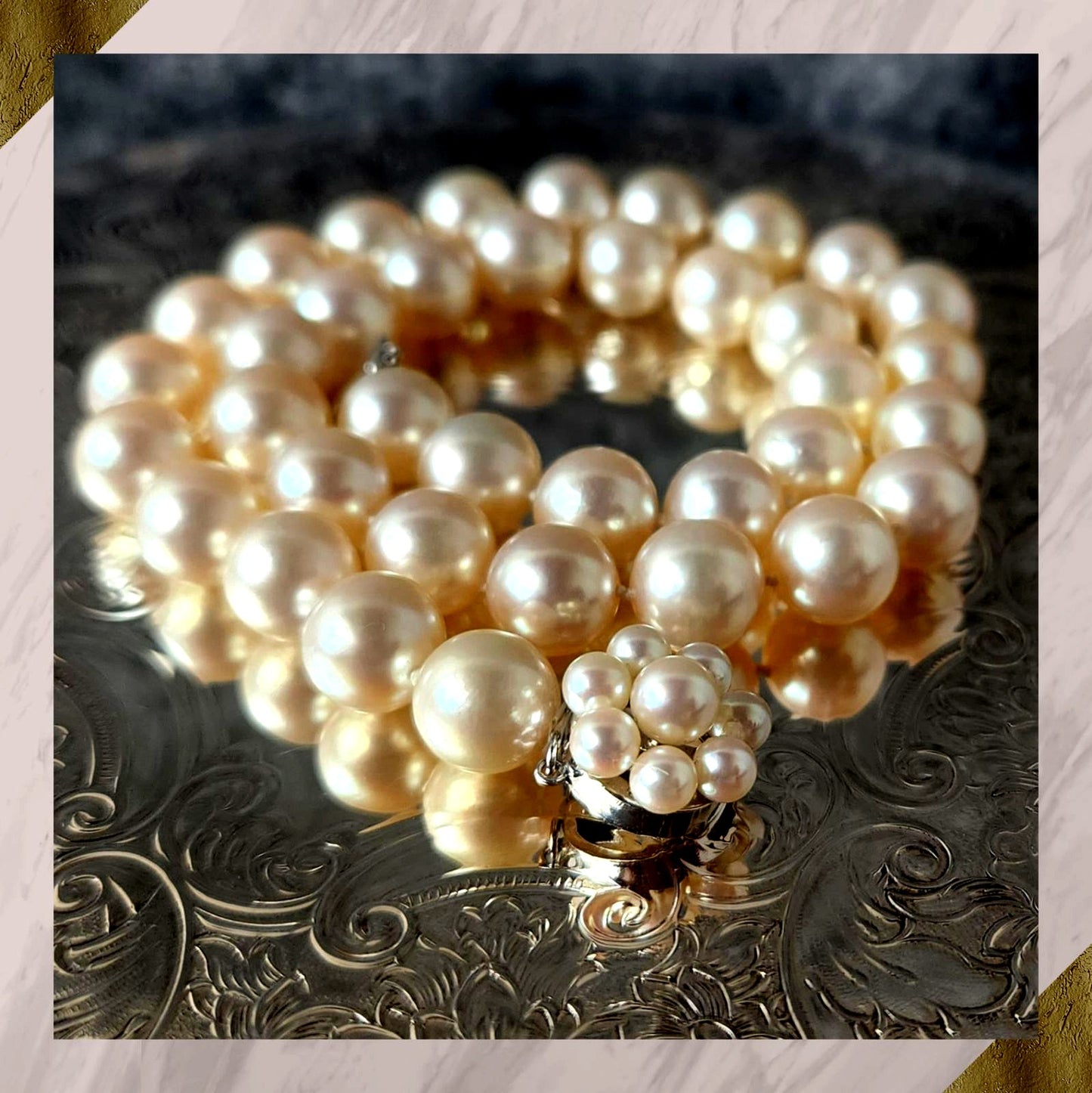 TASAKI K14WG Akoya pearl necklace with pink white pearls measuring 9.2 to 10.0mm on a 40cm white gold chain