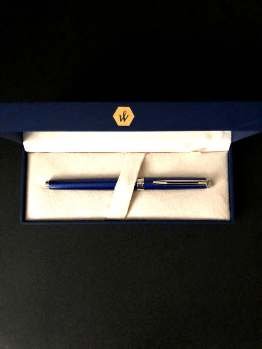 WATERMAN Metropolitan Essential Fountain Pen in bright blue with stainless steel satin lacquer finish and fine nib