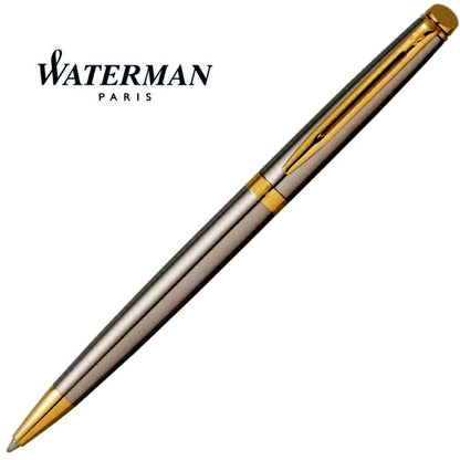 Waterman Metropolitan Essential stainless steel ballpoint pen with 23 karat gold trim and satin finish