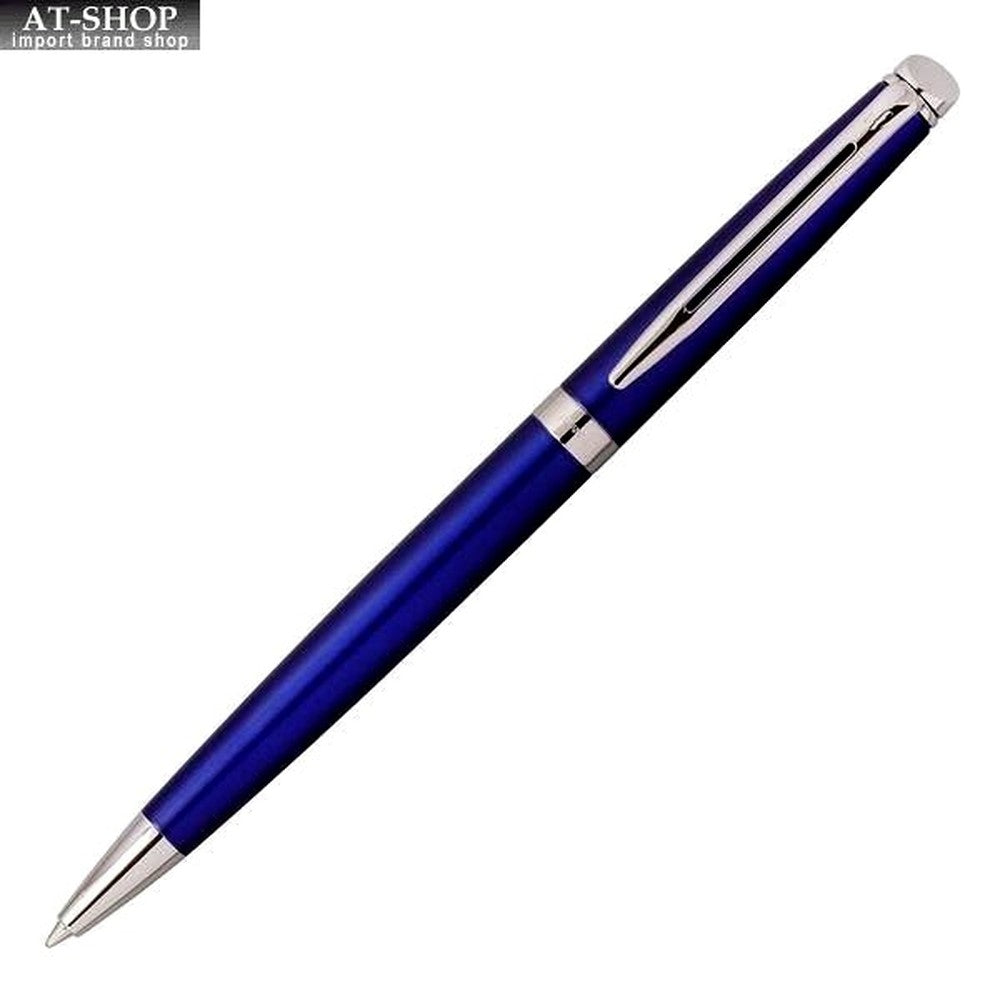 WATERMAN Metropolitan Essential Blue Ballpoint Pen with chrome trim, 135mm length, shown on white background