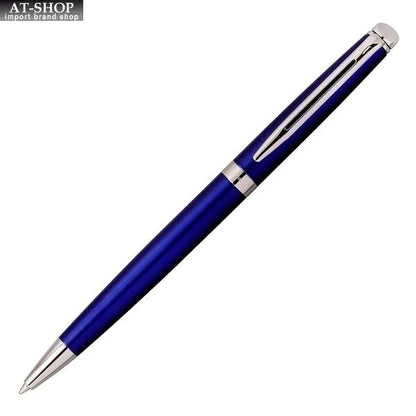 WATERMAN Metropolitan Essential Blue Ballpoint Pen with chrome trim, 135mm length, shown on white background