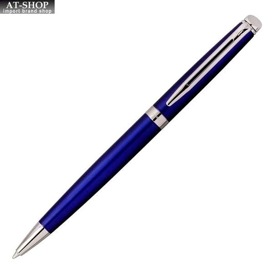 WATERMAN Metropolitan Essential Blue Ballpoint Pen with chrome trim, 135mm length, shown on white background