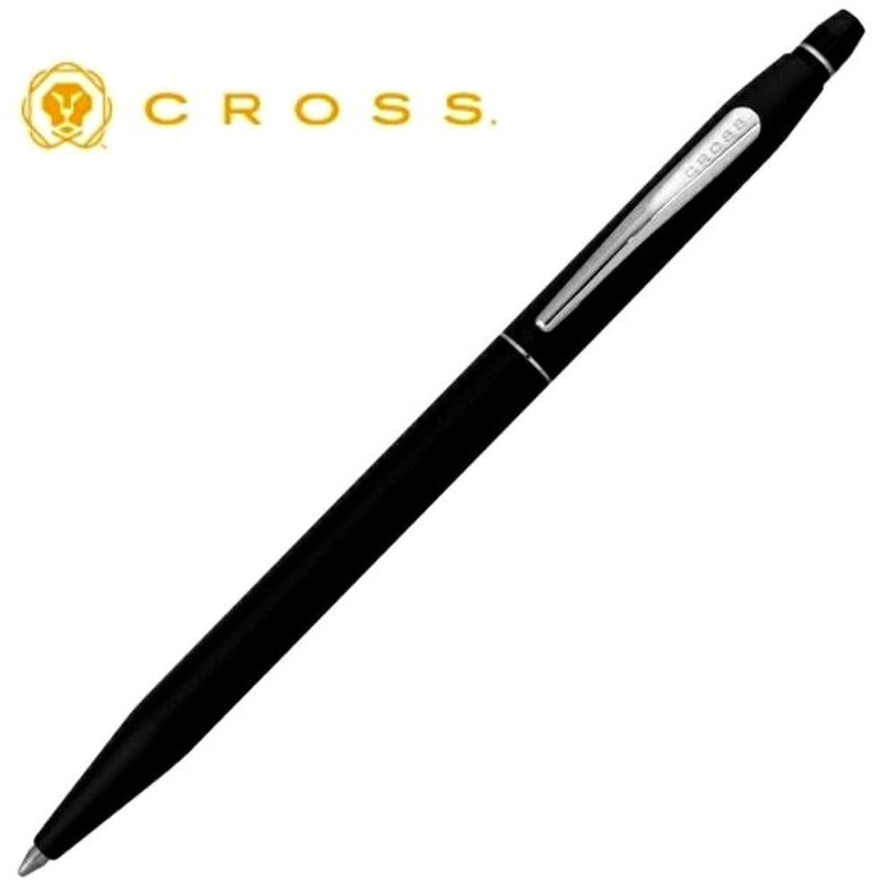 Cross Click AT0622-102 satin black ballpoint pen with brass body, stainless steel clip, shown with box