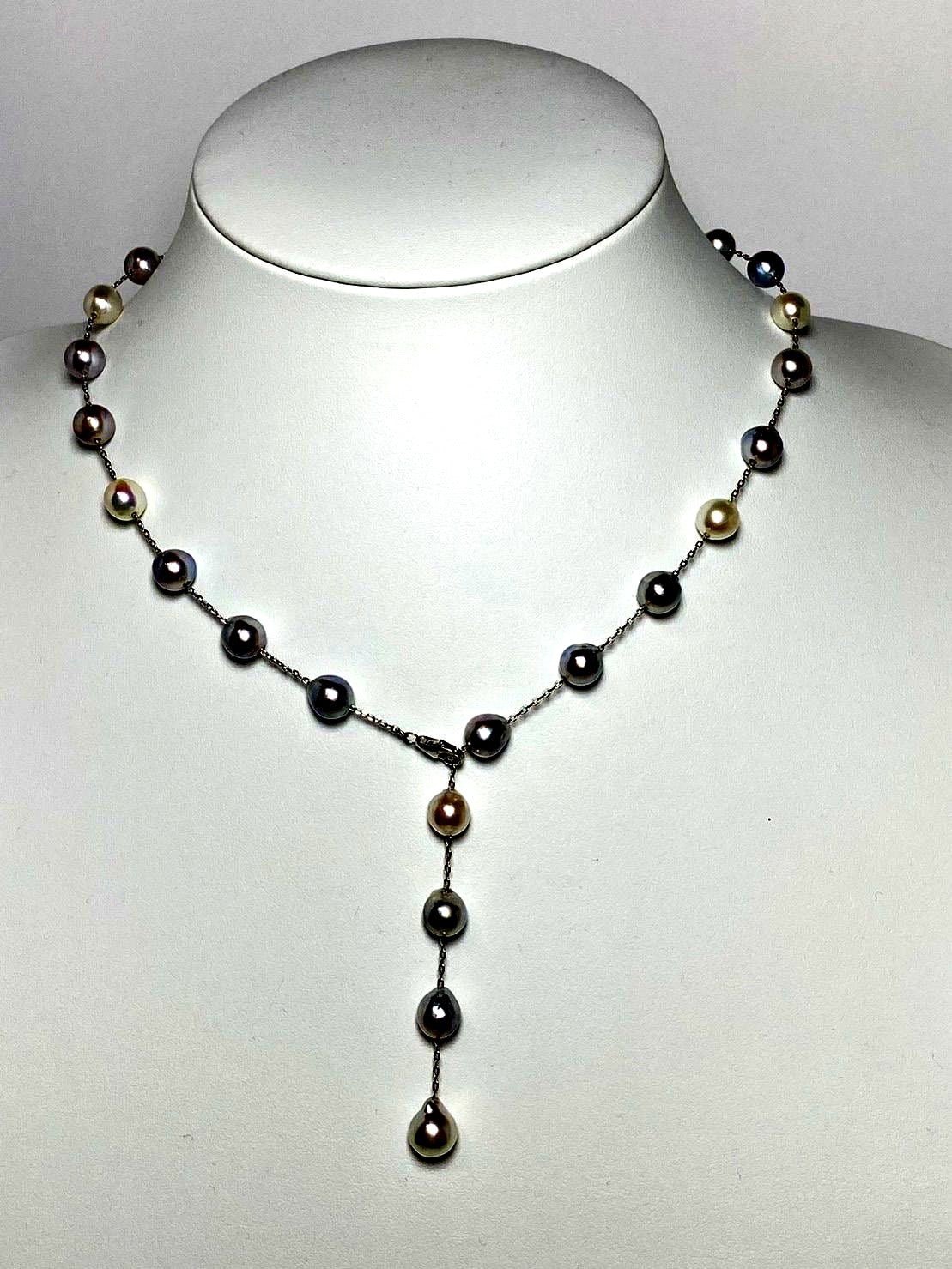 Akoya Pearl Station Necklace 7.0-7.5mm with silver SV925 closure on a white background