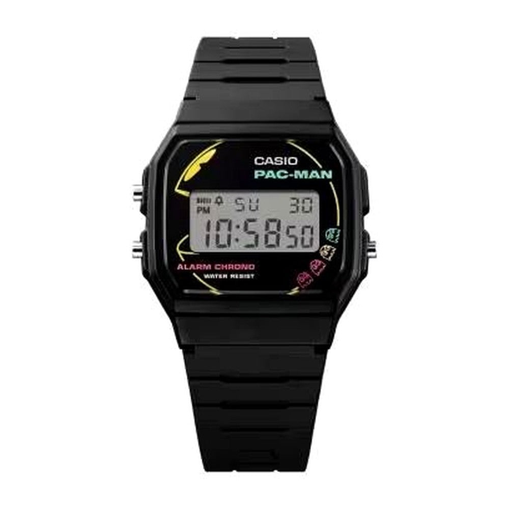Casio Limited Edition Pac-Man F-91WPC-1AJR watch with colorful neon Pac-Man and ghost design