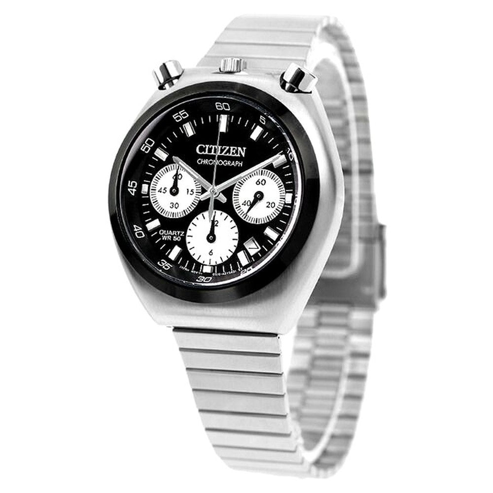 Citizen Tuno Chrono Watch AN3660-81E with black dial and silver stainless steel slide band