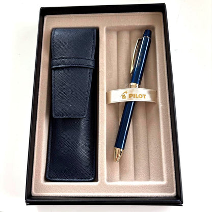 Pilot multi-function pen in navy color with a protective case displayed