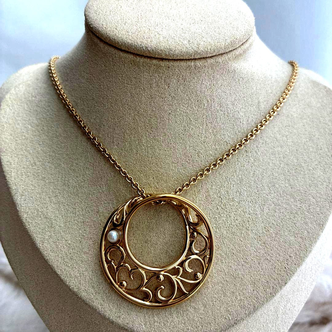 MIKIMOTO Gold Color Pearl Necklace 67 cm length model #4182 displayed on white background
