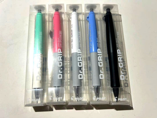 PILOT Dr.Grip Mechanical Pencil 30th Anniversary set showing 5 pencils in Mint Green Pink White Blue and Black colors
