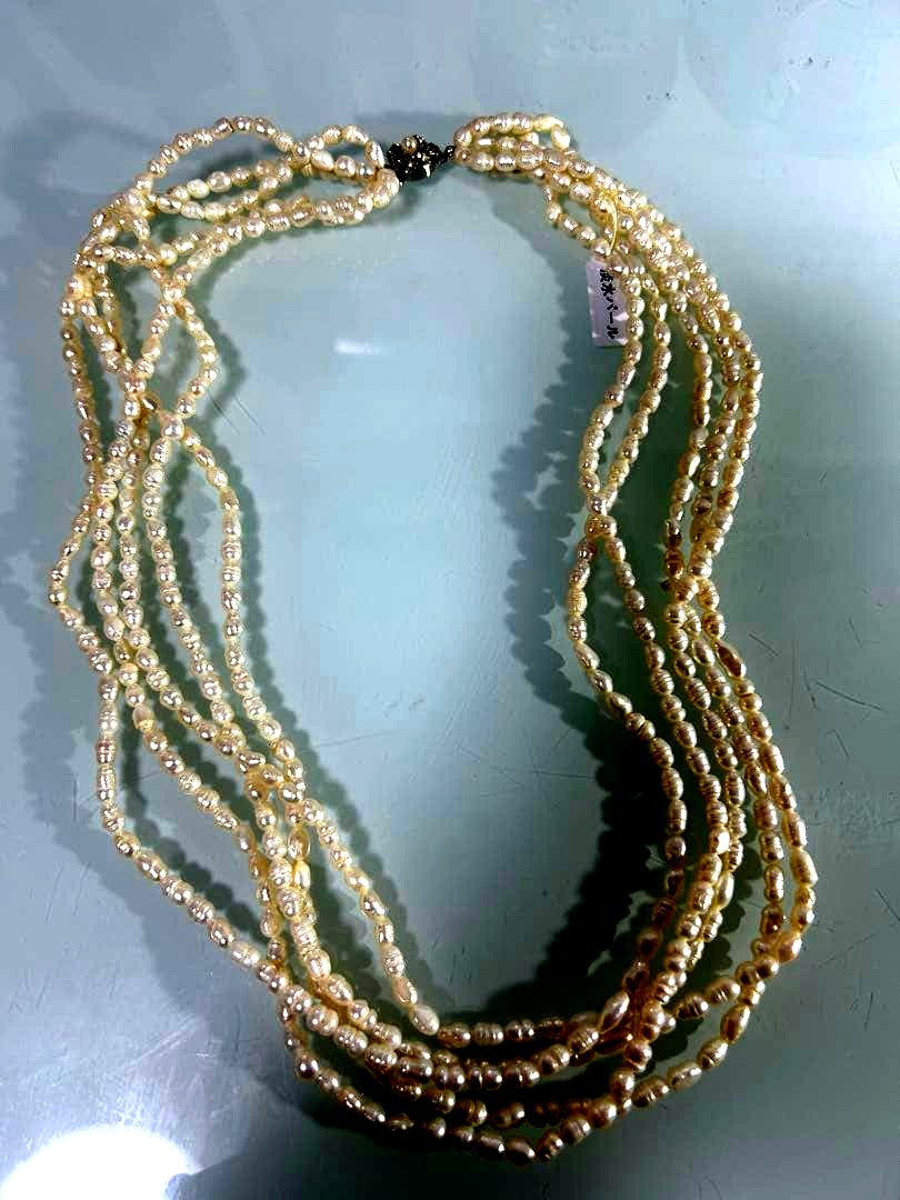 Mikimoto 5-strand freshwater pearl necklace with 5 to 6 mm pearls, approximately 58 cm long, made in Japan
