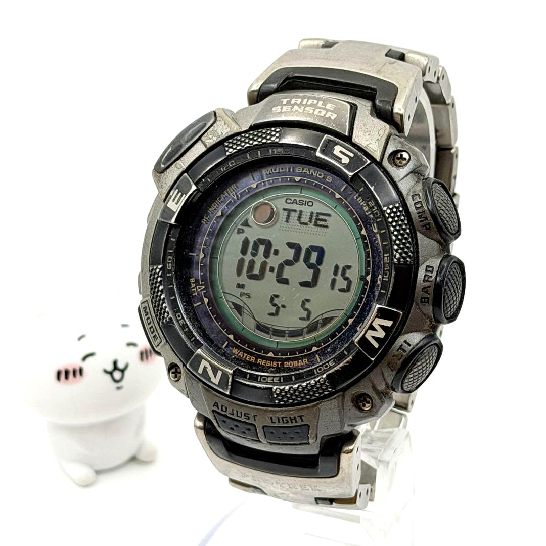 Used Casio Pro Trek Triple Sensor Watch with black strap and triple sensor features displayed