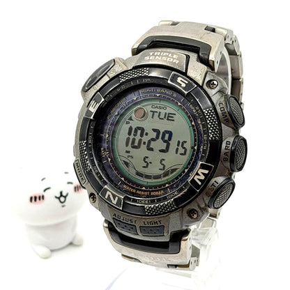 Used Casio Pro Trek Triple Sensor Watch with black strap and triple sensor features displayed