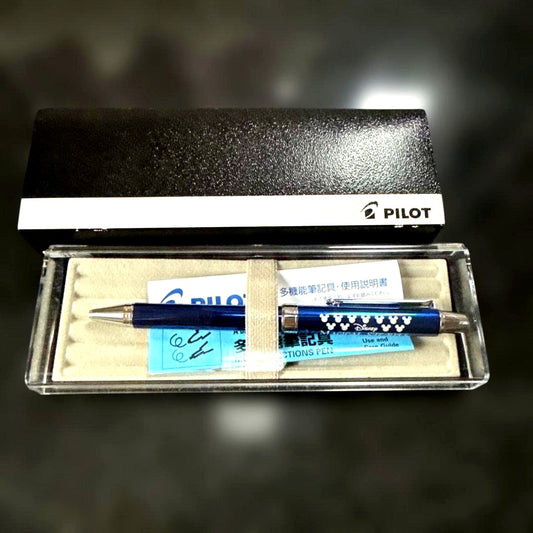 Disney PILOT Magical Stories ballpoint pen in blue with Mickey design including black and red ink, pencil, and eraser