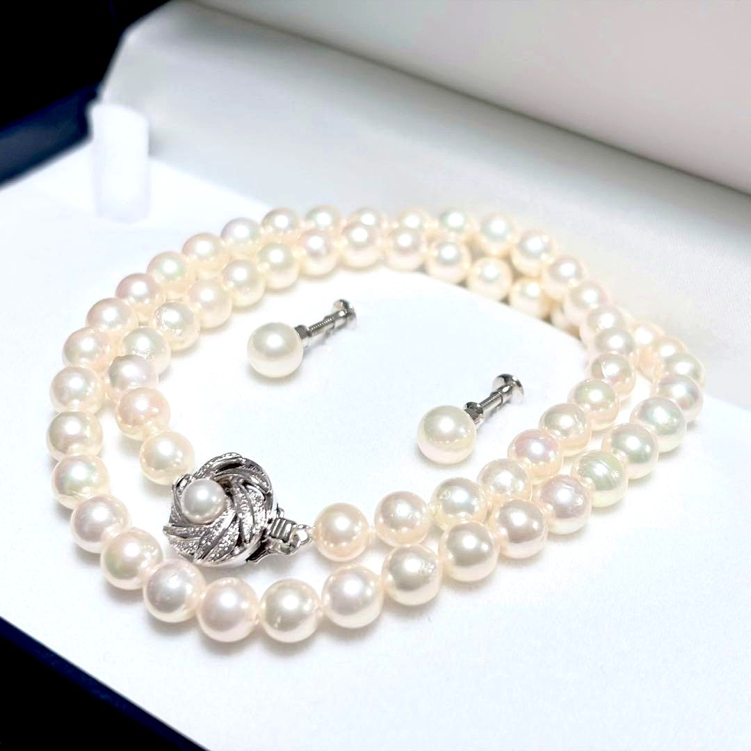 Hon Shun Akoya pearl necklace 43cm with matching 7.2mm pearl earrings set weighing 28g