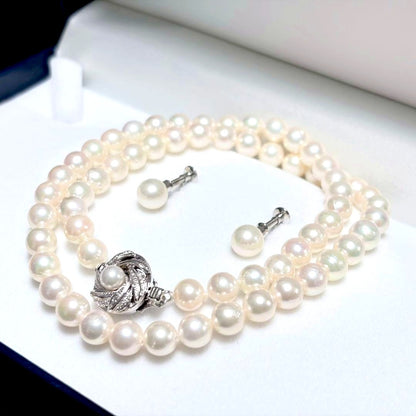 Hon Shun Akoya pearl necklace 43cm with matching 7.2mm pearl earrings set weighing 28g