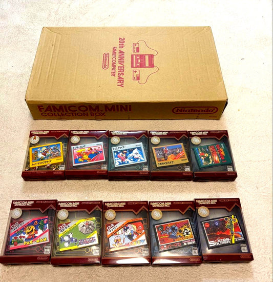 Nintendo Famicom Mini Collection Box with 10 software titles including Zelda showing signs of wear
