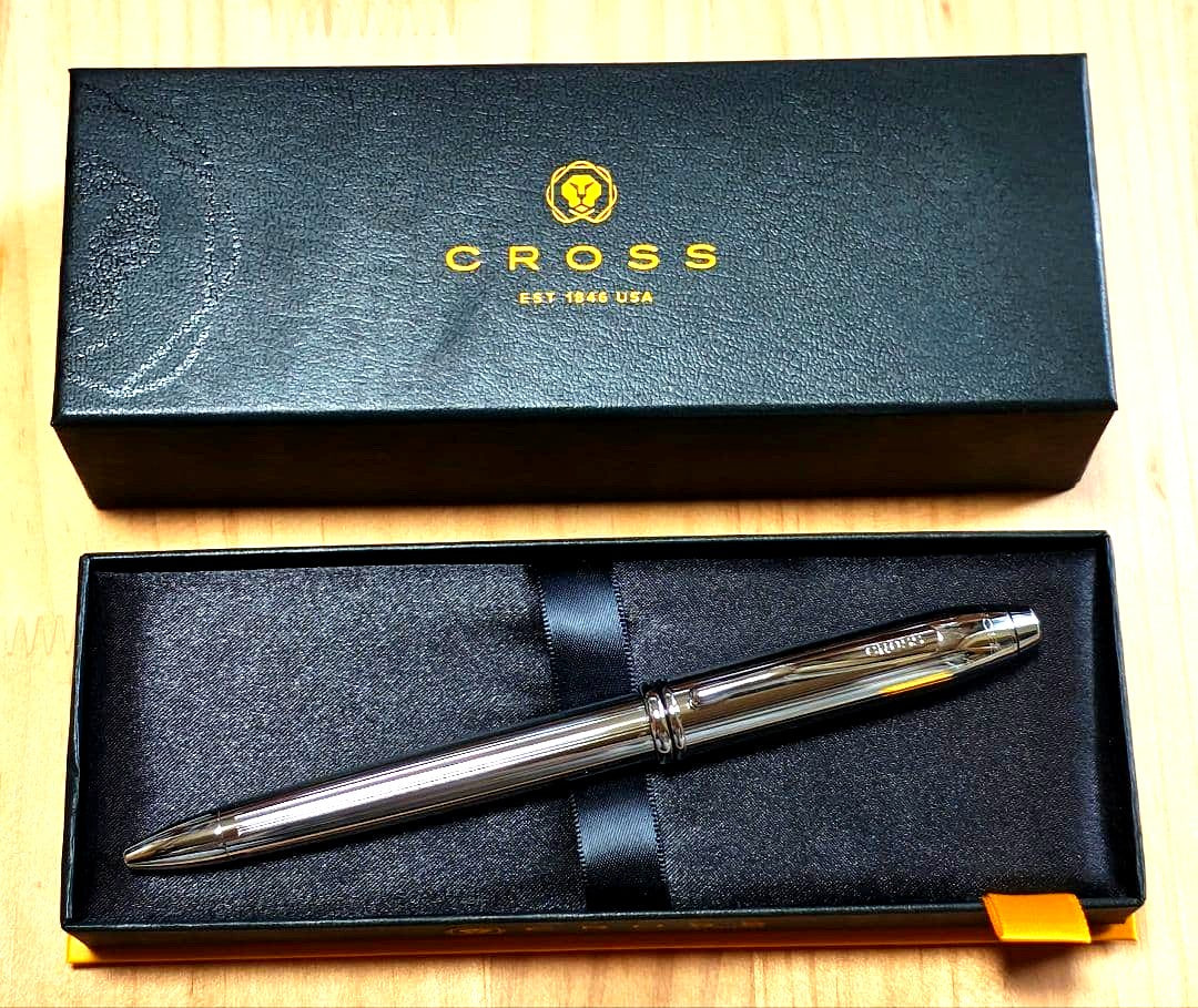 CROSS Townsend 532TW metal silver ballpoint pen with twist mechanism and black ink, displayed with case