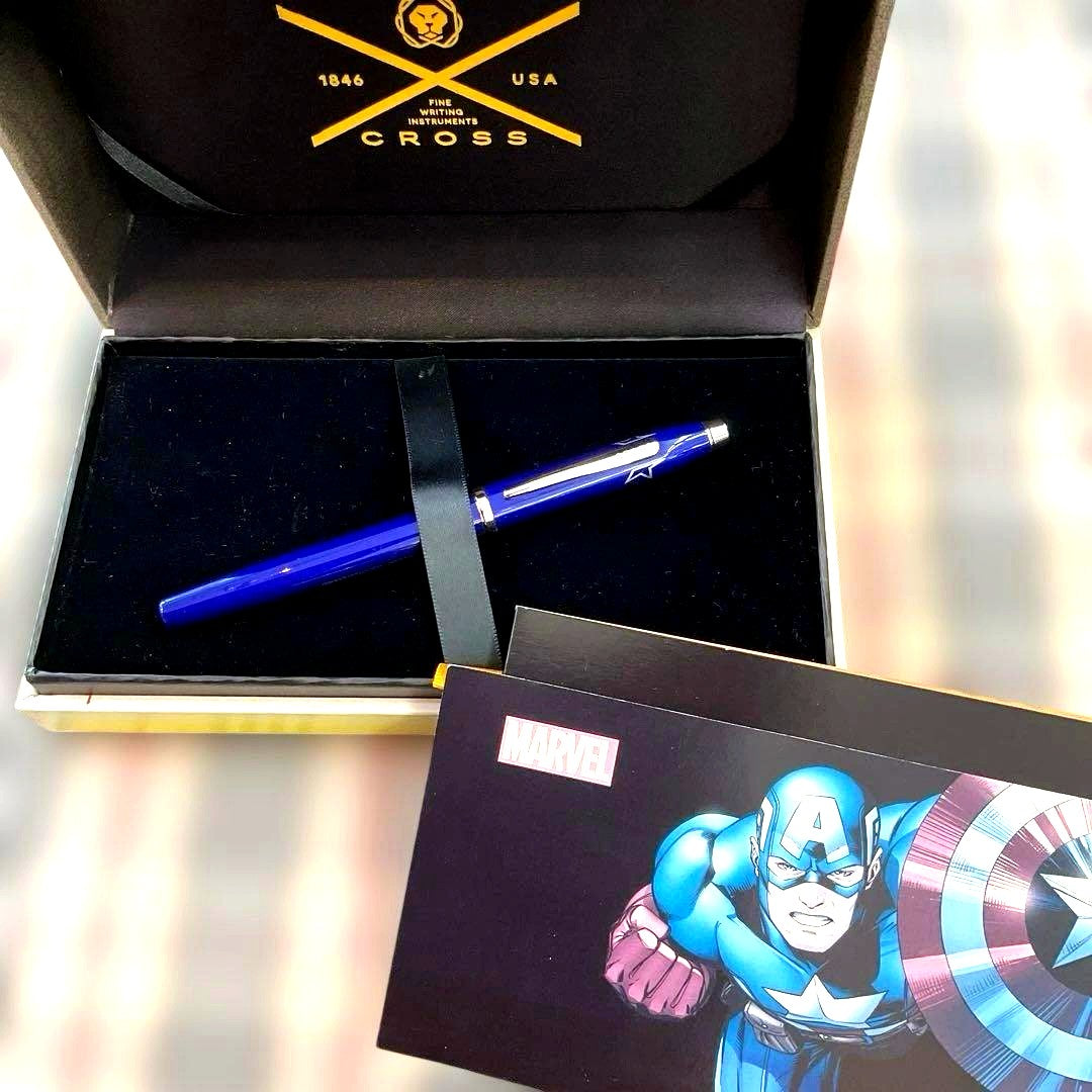 CROSS Marvel Captain America blue ballpoint pen with silver accents on white background