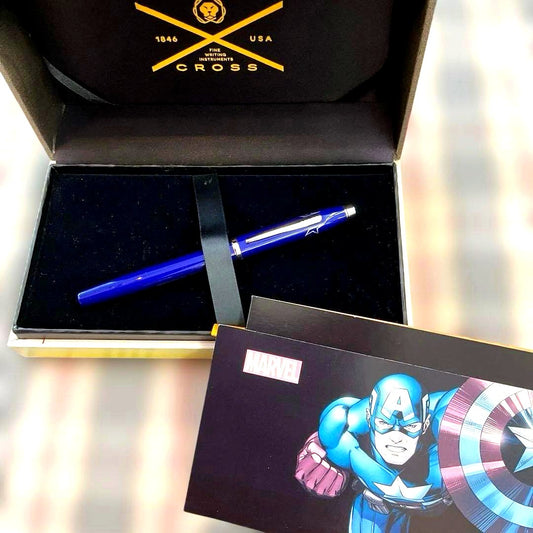 CROSS Marvel Captain America blue ballpoint pen with silver accents on white background