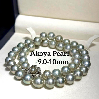 Akoya pearl necklace with blue-grey pearls approximately 9-10mm on a 46cm strand with silver clasp