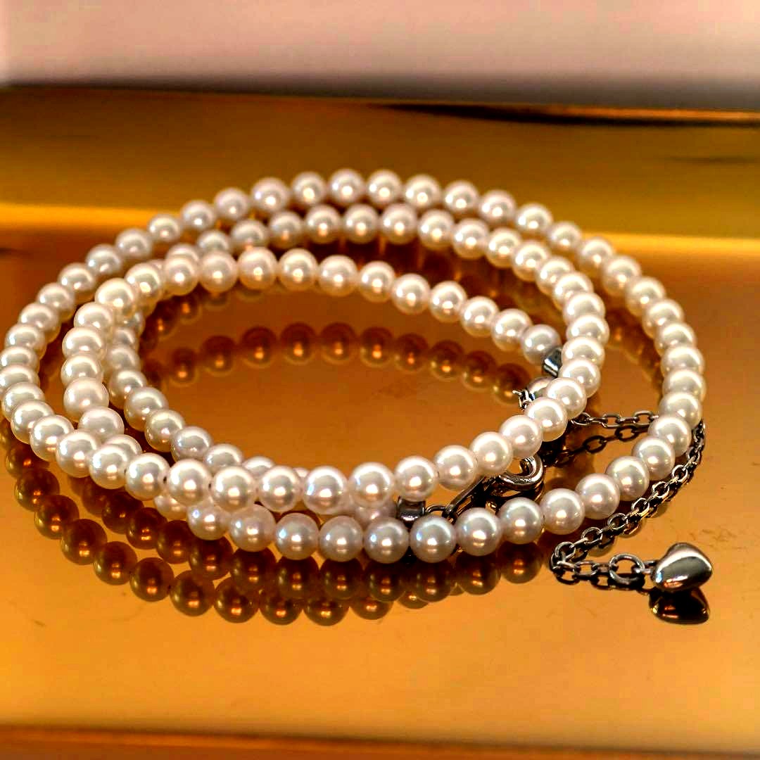 S925 sterling silver long Akoya pearl necklace 3.6mm with heart charm and gift wrapping