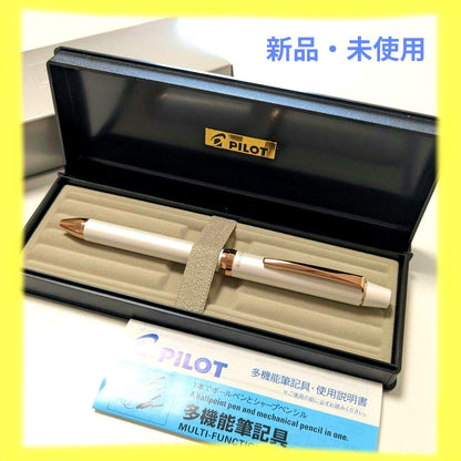 New PILOT Multi-function Pen with pearl white case featuring black, red, and blue ink tips and a mechanical pencil