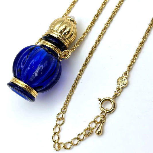 Mikimoto perfume bottle necklace with cobalt blue glass, gold decoration, pearl, and 80 cm chain