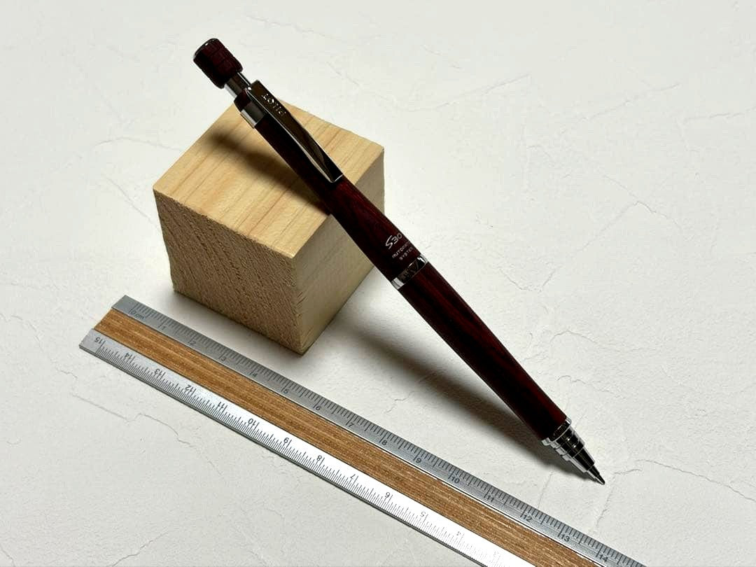 Pilot S30 mechanical pencil with 0.5mm lead and wooden body shown with attached ruler