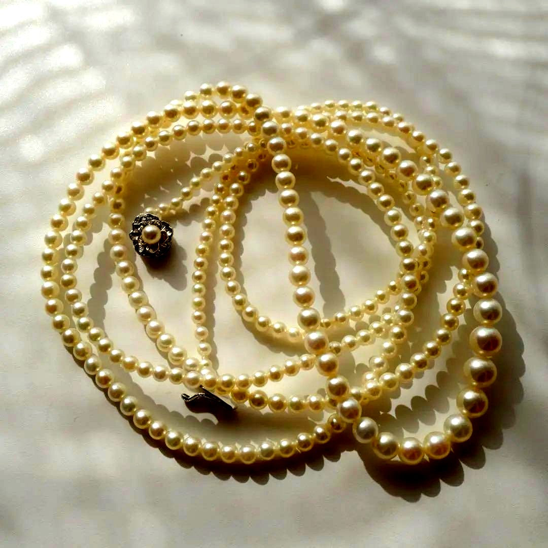 New Akoya Pearl baby ultra long necklace with ivory pearls 7.4-3.4mm on silver chain 131cm length
