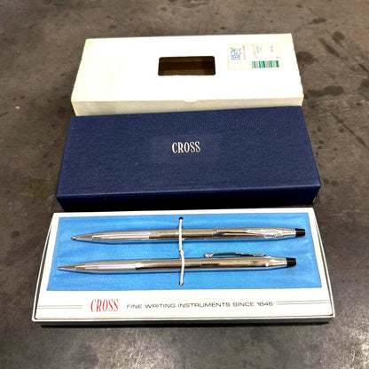Cross Vintage 3501 Chrome ballpoint pen and mechanical pencil 2-piece set on white background