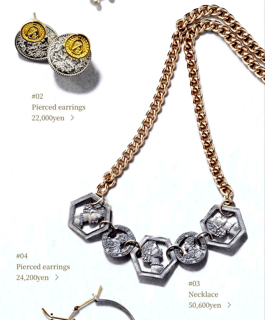 Agete silver coin motif necklace with antique finish and gold plating on adjustable 40-50cm chain