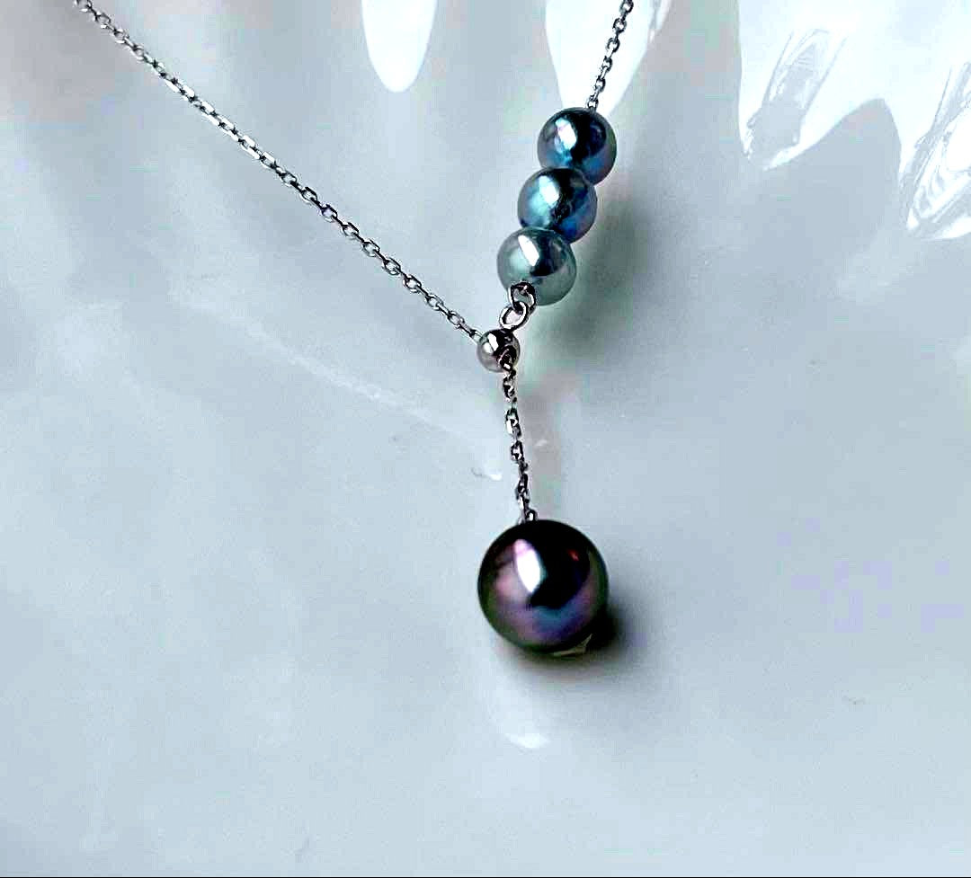 Black Emperor Pearl and Akoya Pearl necklace with s925 silver chain, 45cm length, drop-shaped pearls