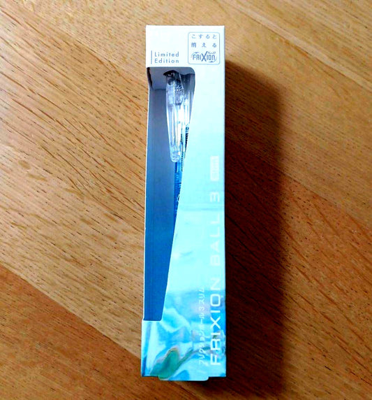Pilot Frixion Ball 3 Slim multi-color pen with 0.38mm tip and light blue body showing black red and blue ink colors