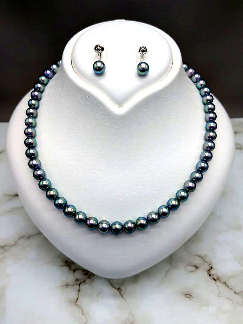 Akoya genuine black pearl necklace and matching earrings set with 7.5 to 8 mm peacock pearls and silver clasps