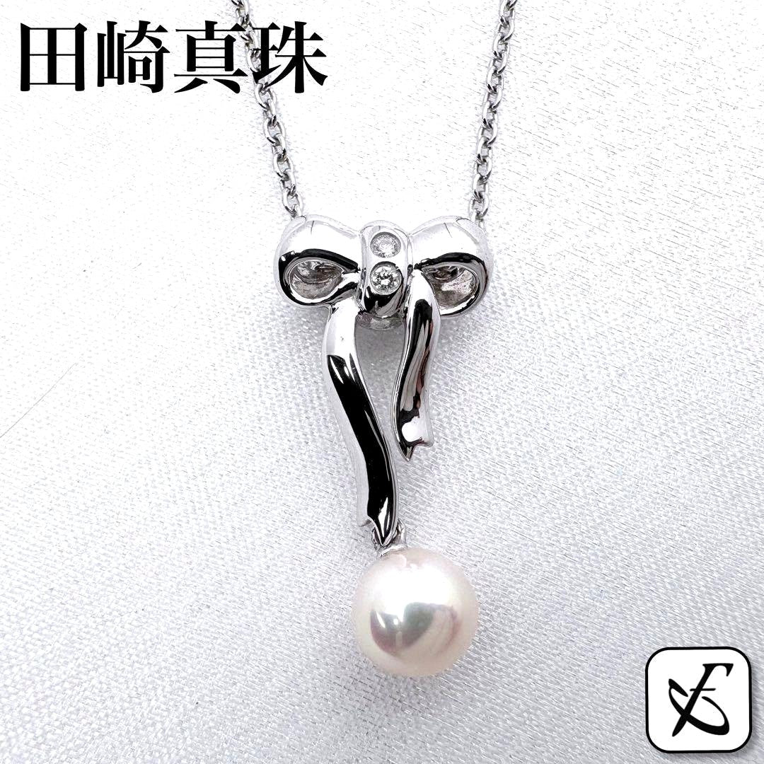TASAKI Pearl Ribbon Necklace with 6.7mm Akoya pearl, 0.02ct diamond, and 40cm silver chain