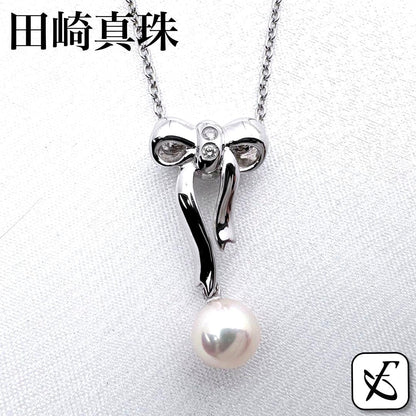 TASAKI Pearl Ribbon Necklace with 6.7mm Akoya pearl, 0.02ct diamond, and 40cm silver chain