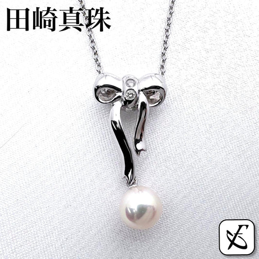 TASAKI Pearl Ribbon Necklace with 6.7mm Akoya pearl, 0.02ct diamond, and 40cm silver chain
