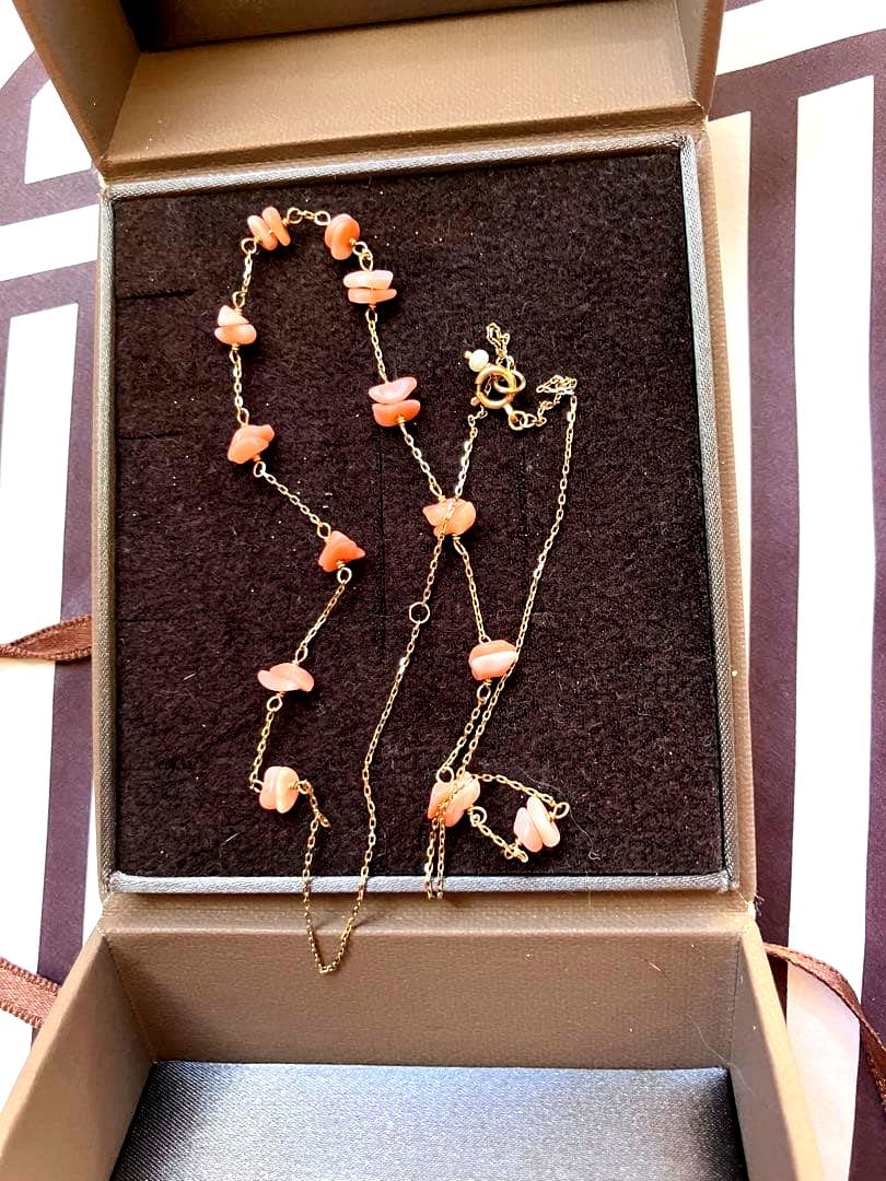 Agat K10 Pink Coral Necklace approximately 40cm long with natural pink coral beads on a delicate chain