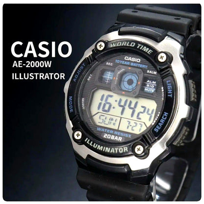 Casio AE-2000W digital watch with world time and stopwatch, black non-original band, no scratches