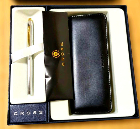 Cross silver ballpoint pen gift set with leather case featuring felt interior and Kobe city engraving