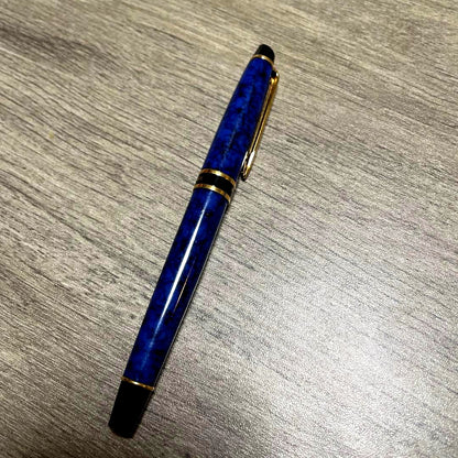 Waterman Blue Marble fountain pen with fine nib, showing blue marbled design and silver accents