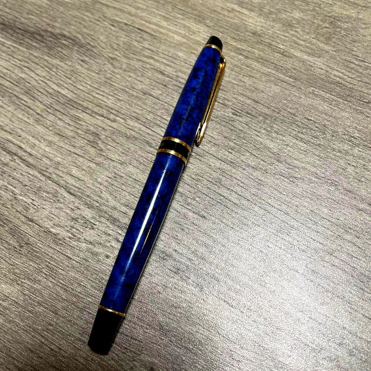 Waterman Blue Marble fountain pen with fine nib, showing blue marbled design and silver accents