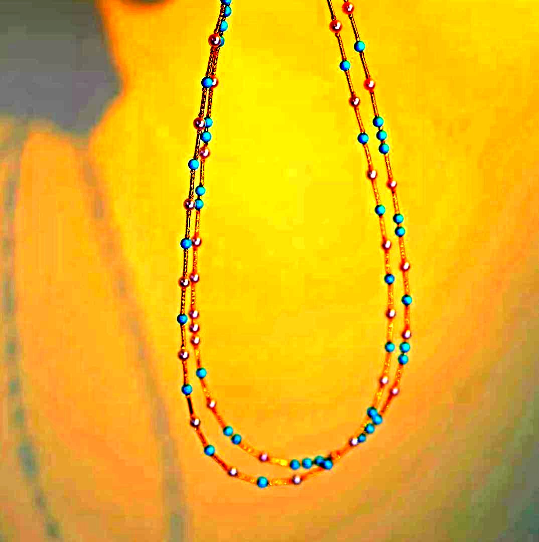 K18YG necklace featuring 3-4mm Akoya pearls and turquoise wire station on a 40cm chain