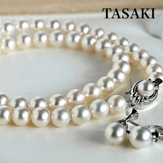 Tasaki Akoya genuine pearl necklace and earrings set in K14 silver with round pink-white pearls