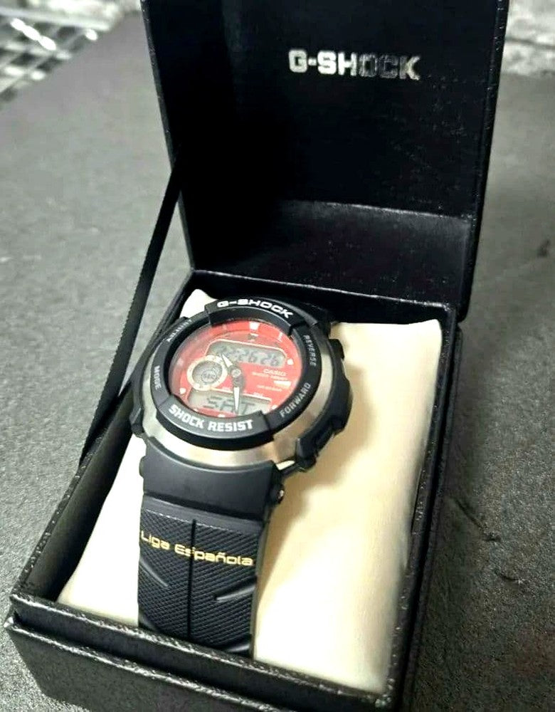 Casio G-Shock G-300 Liga Espanola collaboration watch with black and red design, displayed on white background